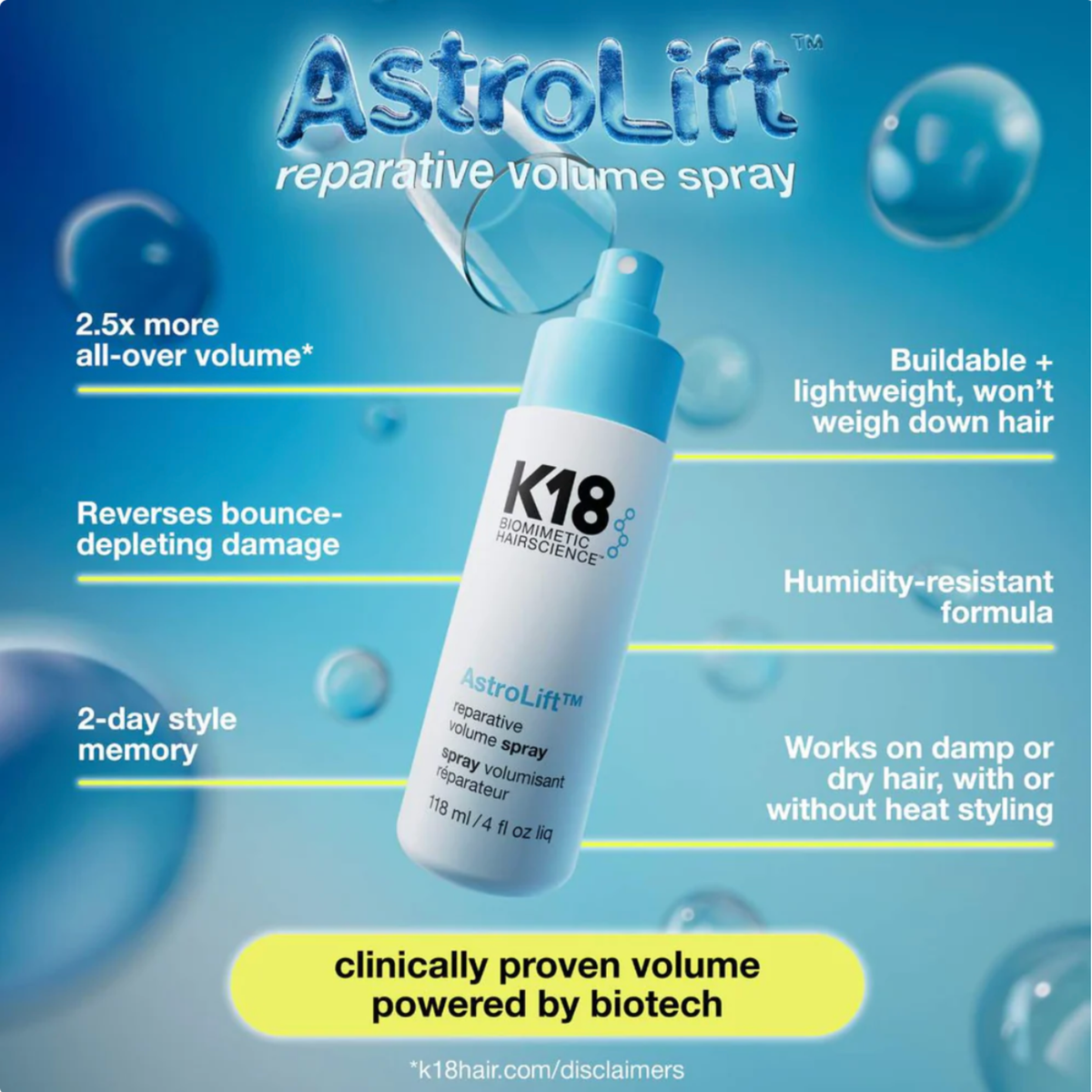 AstroLift reparative volume spray bottle with product features on a blue background
