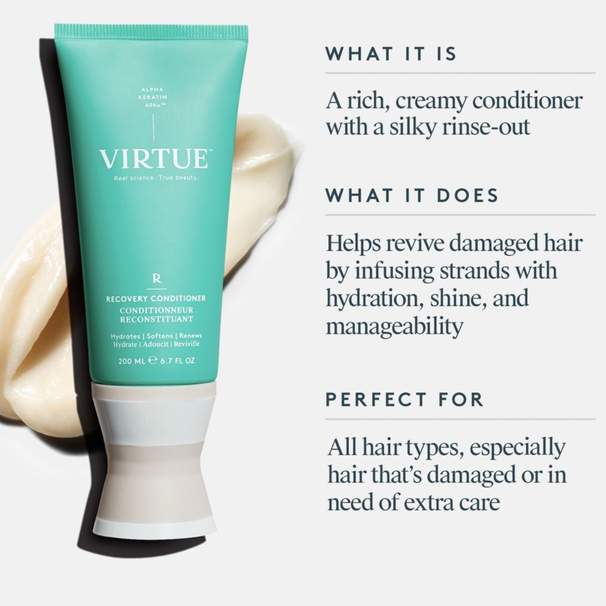 Virtue Recovery Conditioner tube with product description text on a white background