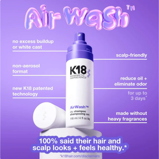 K18 Air Wash product on a purple background with text highlighting features.