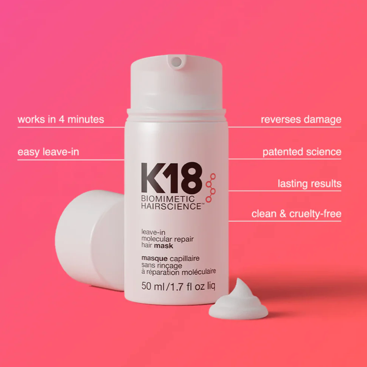 K18 biomimetic hairscience product on a pink background with text highlighting features.