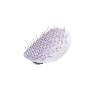 White hairbrush with purple bristles on a white background