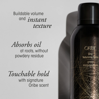 Oribe dry texturizing spray bottle with product features on a light gray background