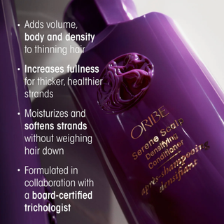 Oribe Serene Scalp Densifying Conditioner bottle with product benefits text on a dark background