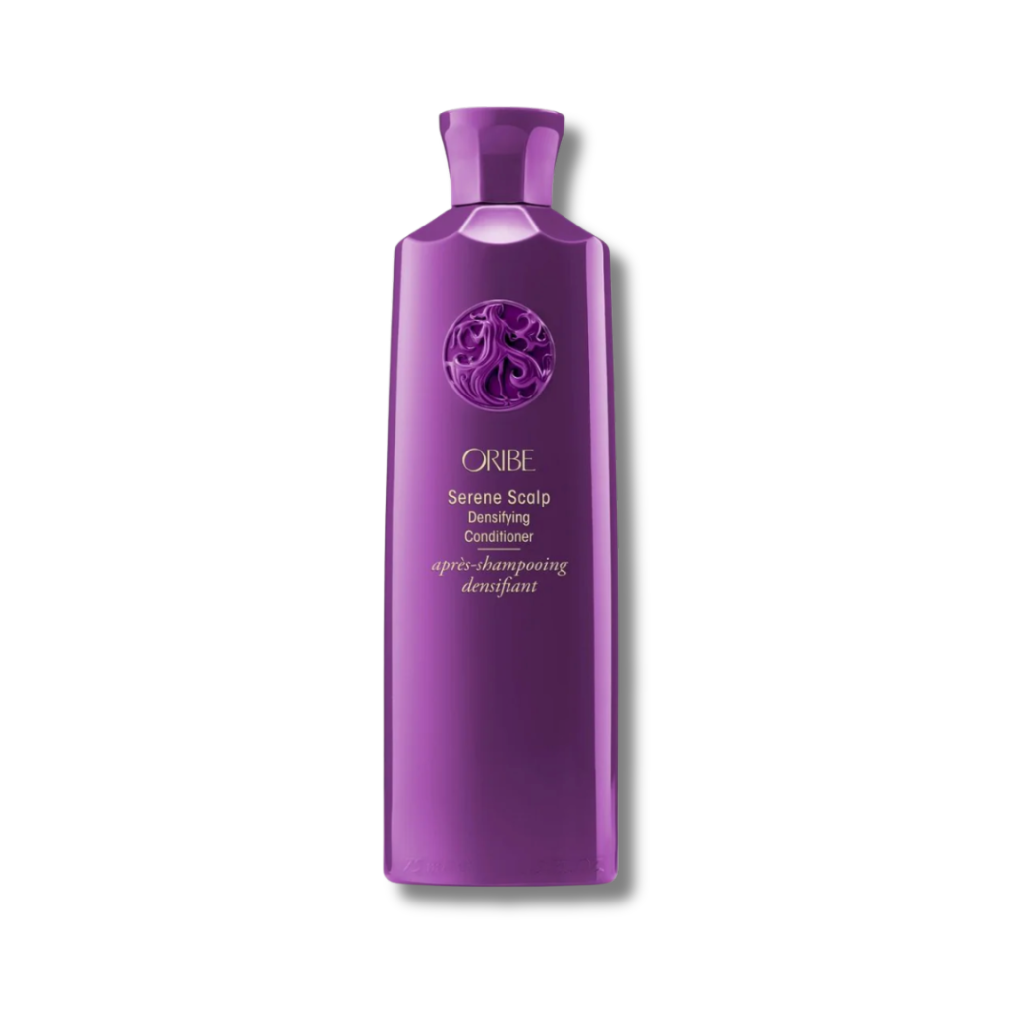 Purple bottle of Oribe Serene Scalp Densifying Conditioner on a white background