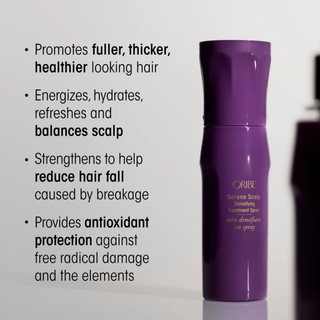 Purple Oribe hair care product with text highlighting its benefits on a light gray background