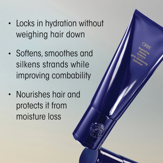 Blue hair care product with text highlighting its benefits on a light gray background