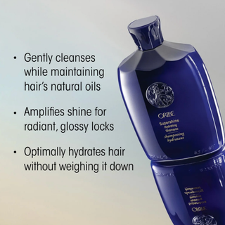 Oribe Supershine Hydrating Shampoo bottle with product benefits text on a gradient background