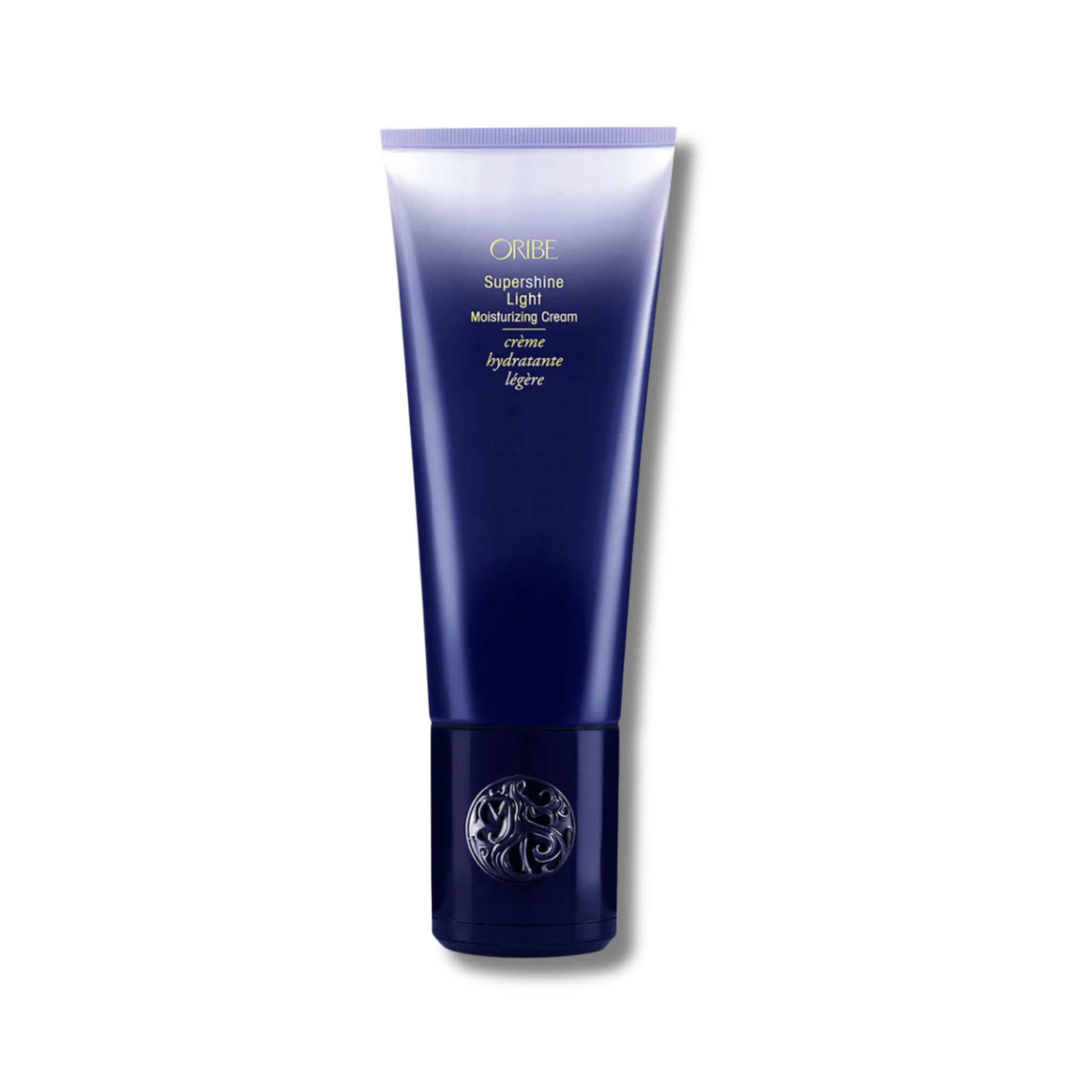 Blue tube of Oribe Supershine Light Moisturizing Cream on a white background