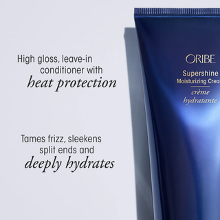 Oribe Supershine Moisturizing Cream tube on a light gray background with product description text.