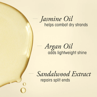 Text describing the benefits of jasmine oil, argan oil, and sandalwood extract on a beige background with an oil droplet.