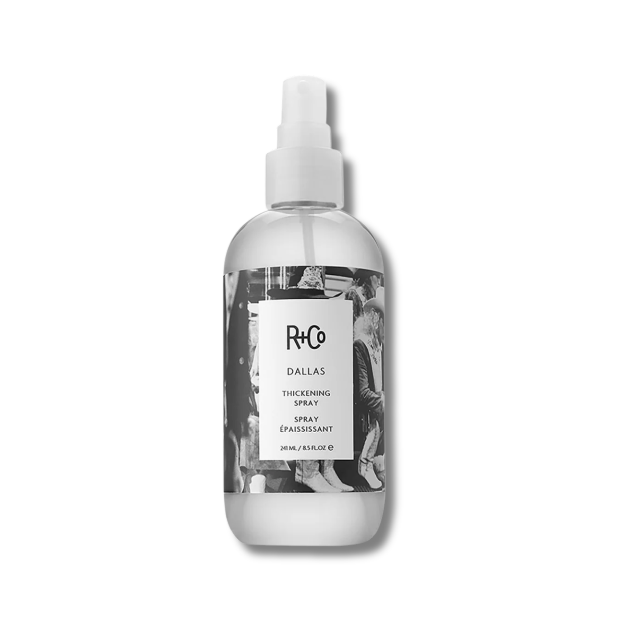 R+Co Dallas Thickening Spray bottle on a white background