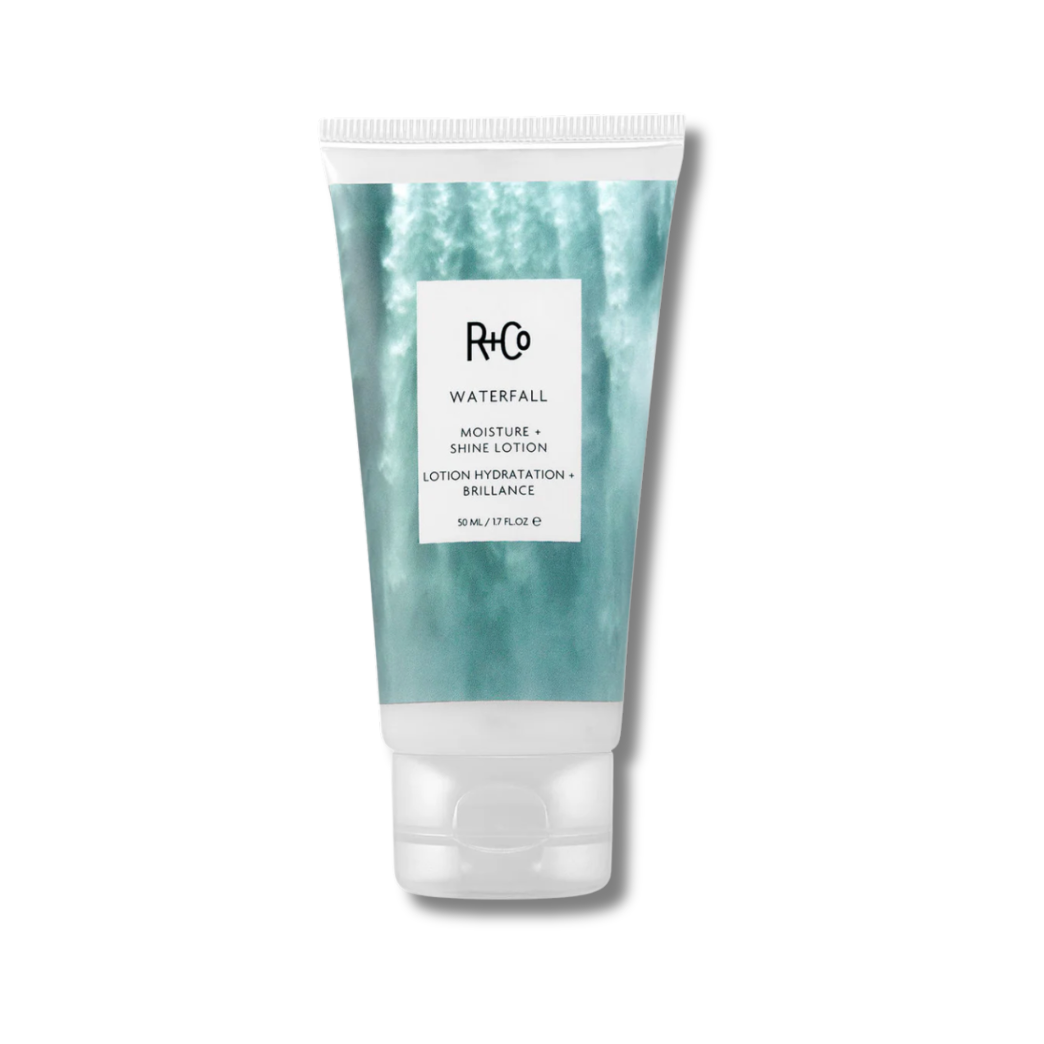 Tube of R+Co Waterfall Moisture + Shine Lotion on a white background