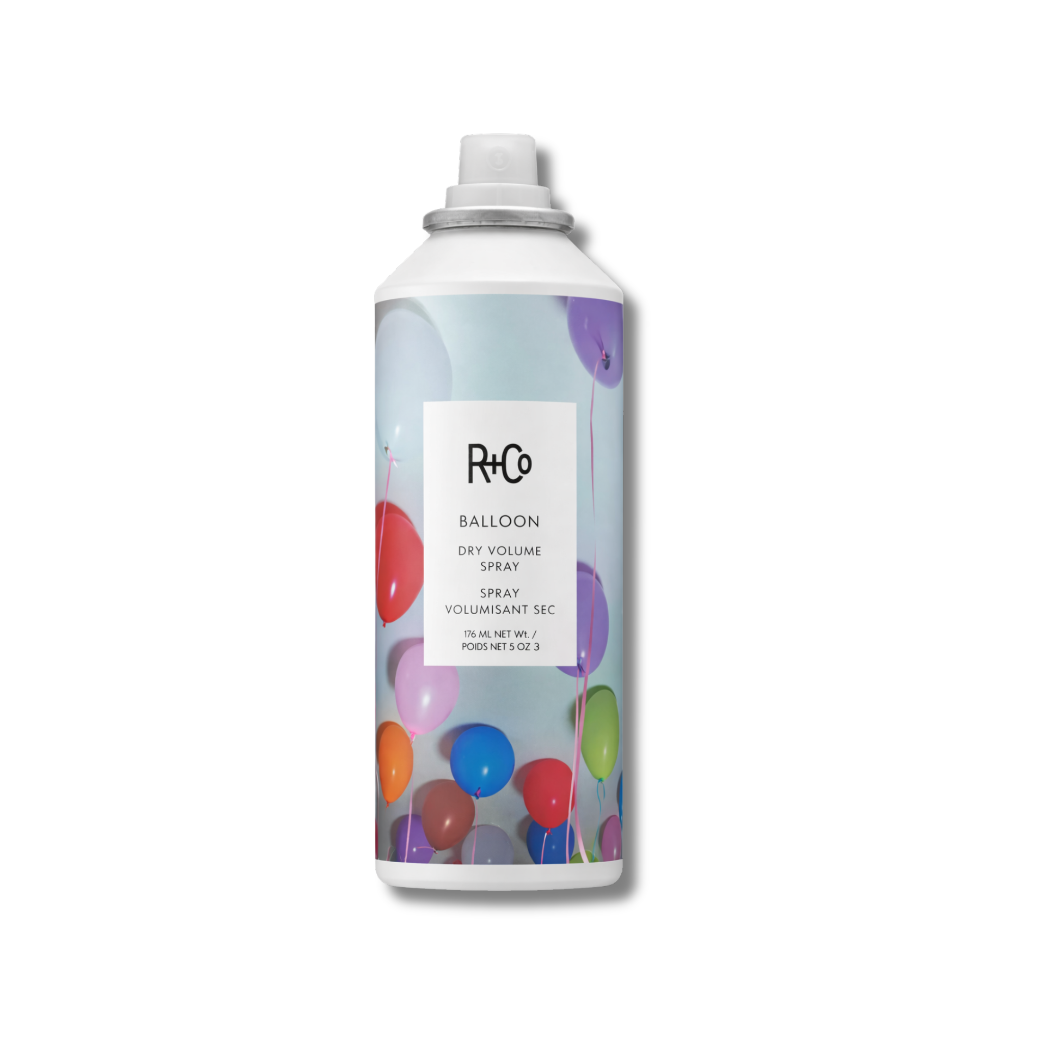 Hair spray can with colorful balloon design on a white background