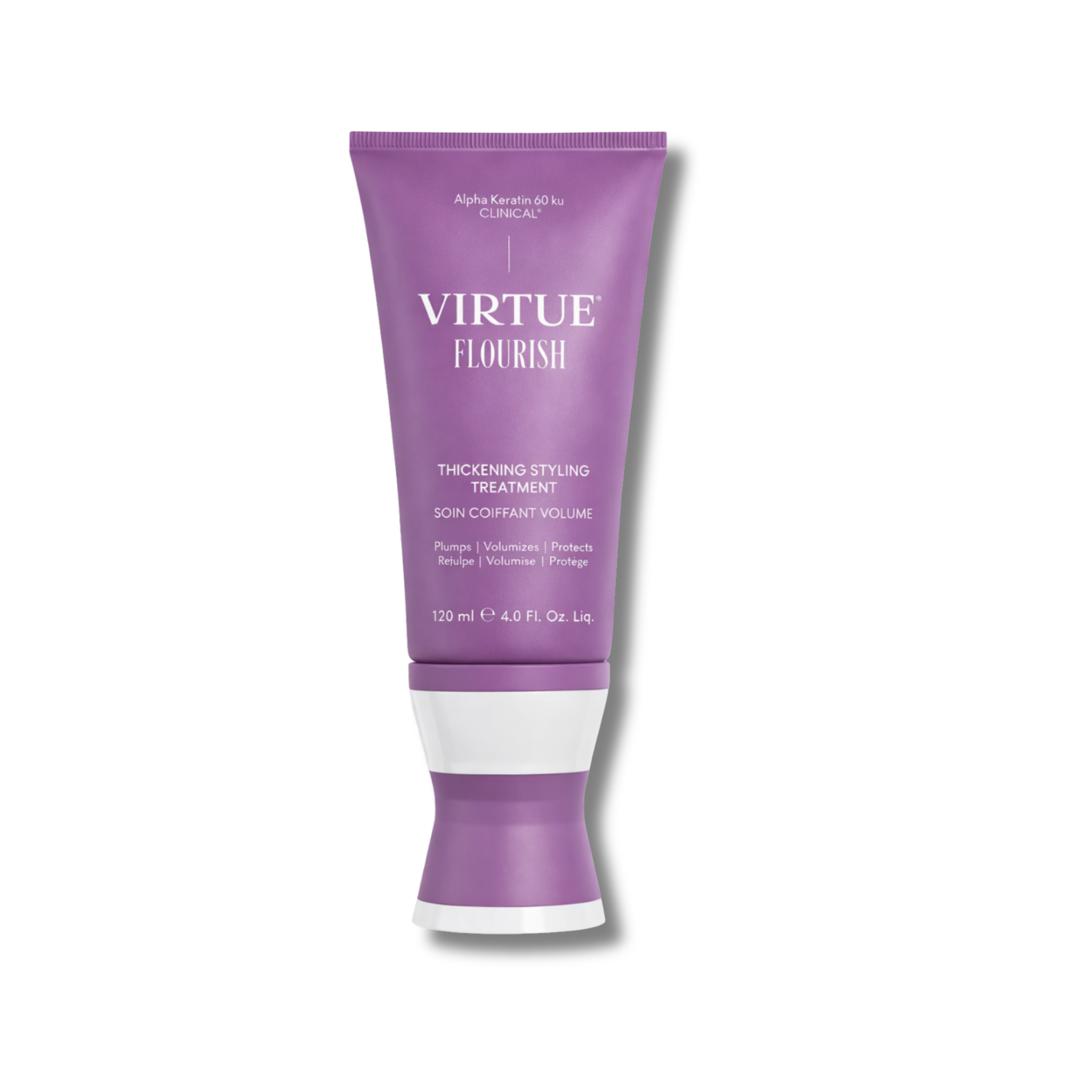 Purple tube of Virtue Flourish hair product on a white background