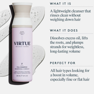 Virtue shampoo bottle with product description text on a white background