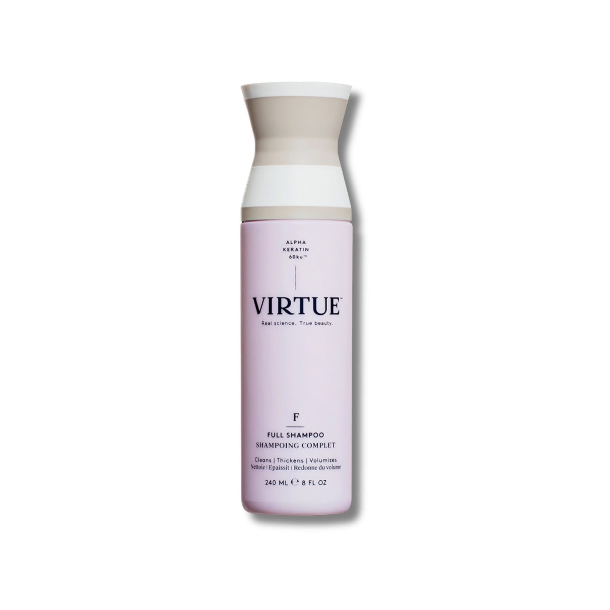 Virtue shampoo bottle on a white background