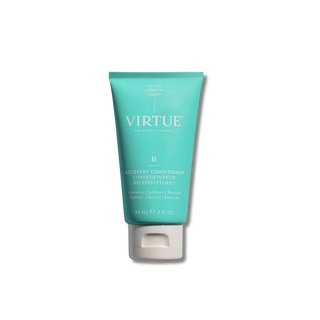 Turquoise tube of 'Virtue' recovery conditioner on a white background