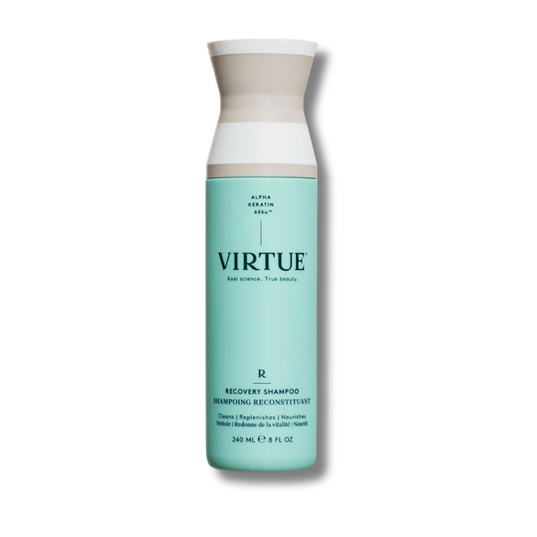 Virtue shampoo bottle on a white background