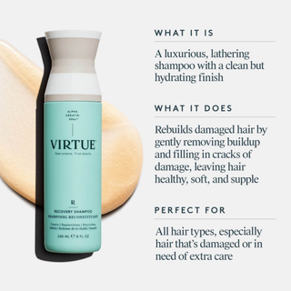 Virtue shampoo bottle with product description on a white background